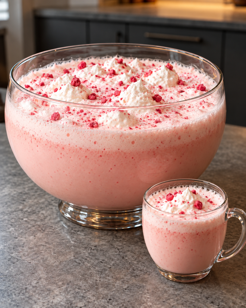 Sugar-free peppermint eggnog punch in the glass bowl with whipped cream peaks, raspberries, and a served mug