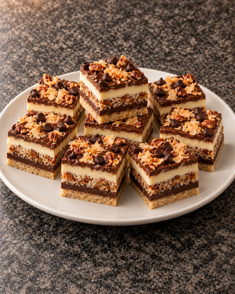 Nine cut squares of sugar-free seven-layer bars showing every layer on a white plate