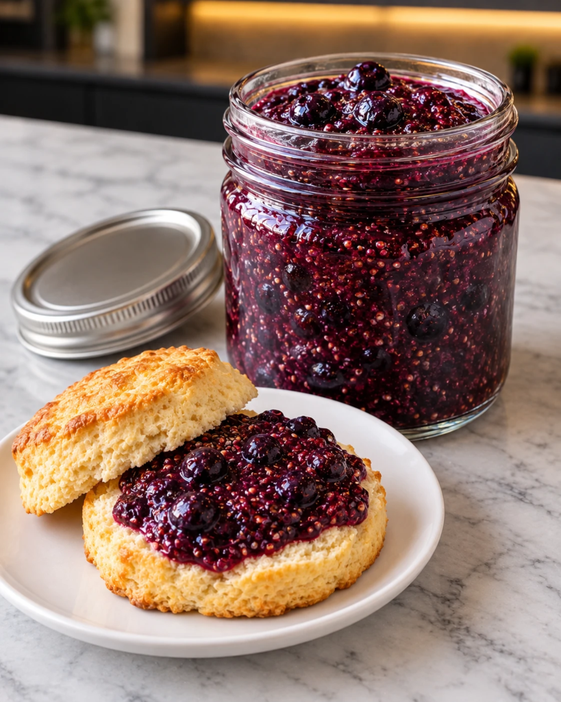 Sugar-free blueberry chia jam in a clean glass jar with a spoonful on a plate
