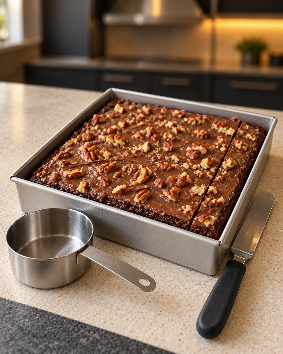 Frosted chocolate sheet cake with chopped pecans in a square metal baking pan