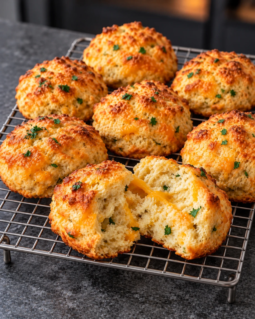 Baked no-added-sugar cheddar herb biscuits with parsley, one broken open to show the melted cheese pocket