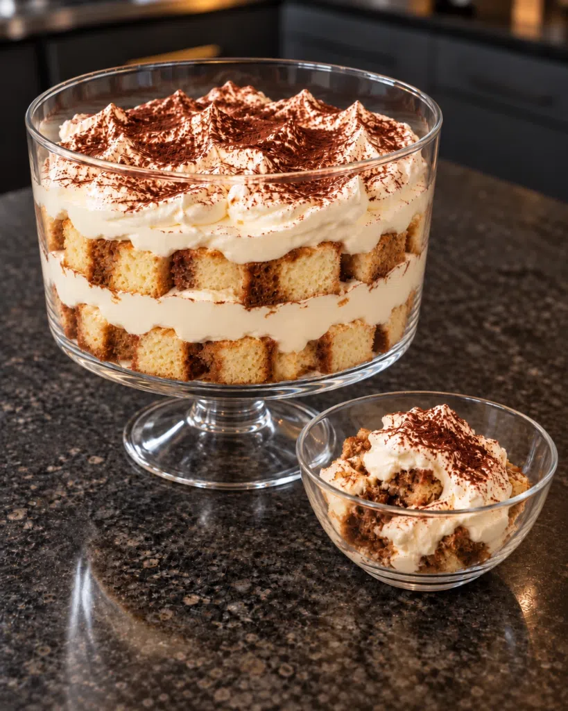 Finished sugar-free tiramisu trifle with cocoa-dusted whipped peaks and one serving scooped out