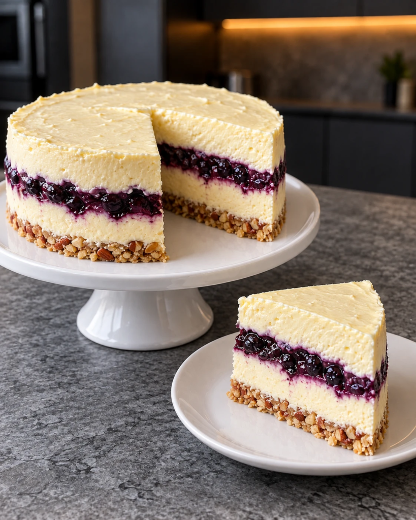 Unmolded sugar-free no-bake lemon blueberry cheesecake with a wedge cut to show the purple blueberry stripe