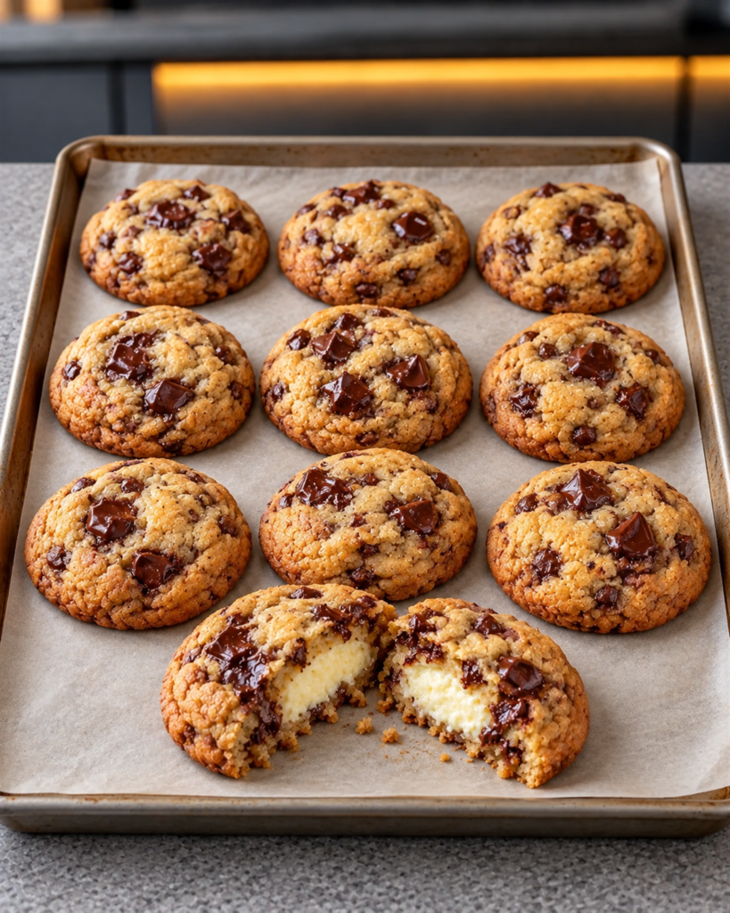 Baked sugar-free cheesecake stuffed cookies with melted chocolate chunks