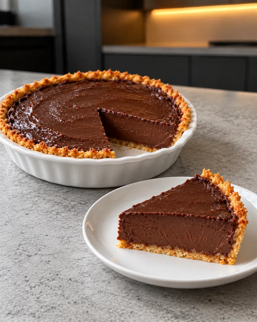 Chilled sugar-free chocolate pie with one wedge cut on a plate