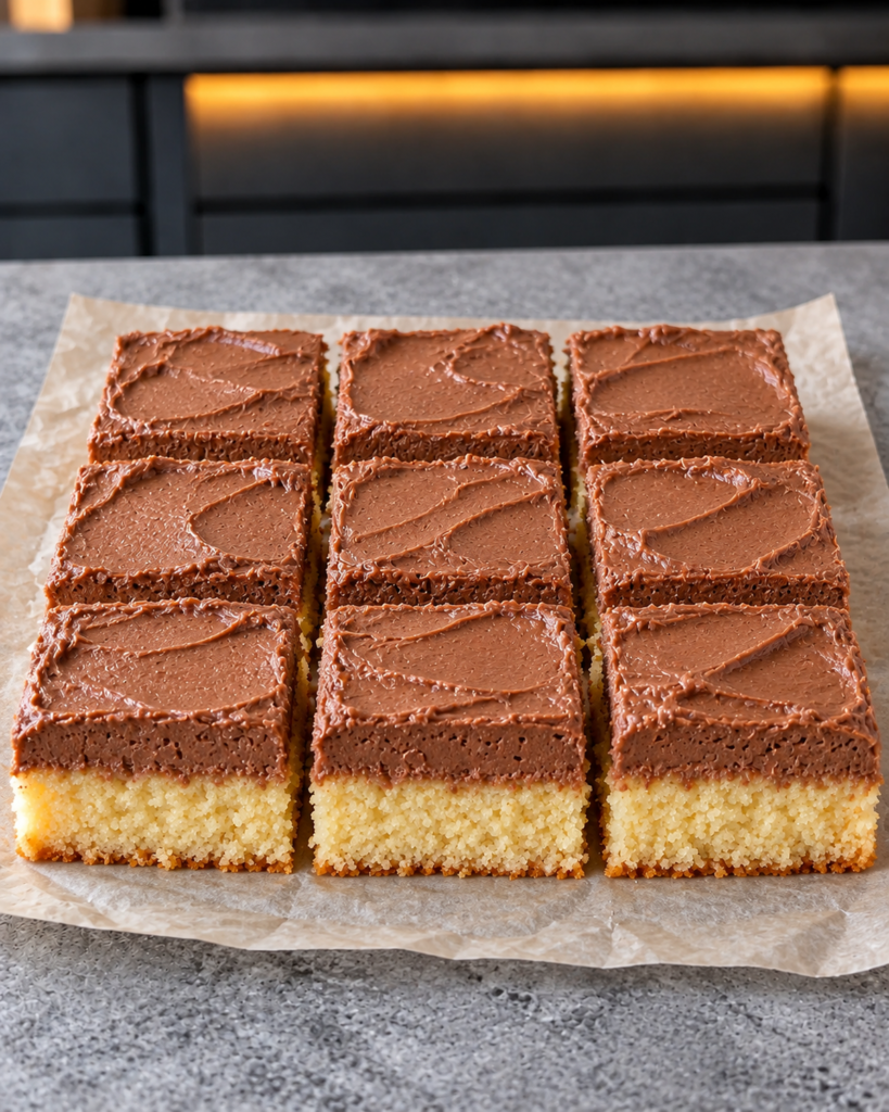 Sugar-free vanilla cake chocolate cream cut into nine squares