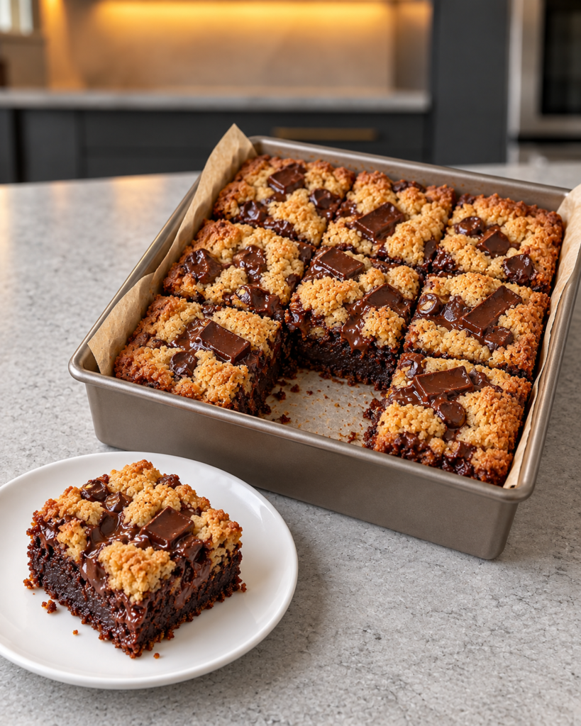 Baked sugar-free brown butter brookies cut into nine squares