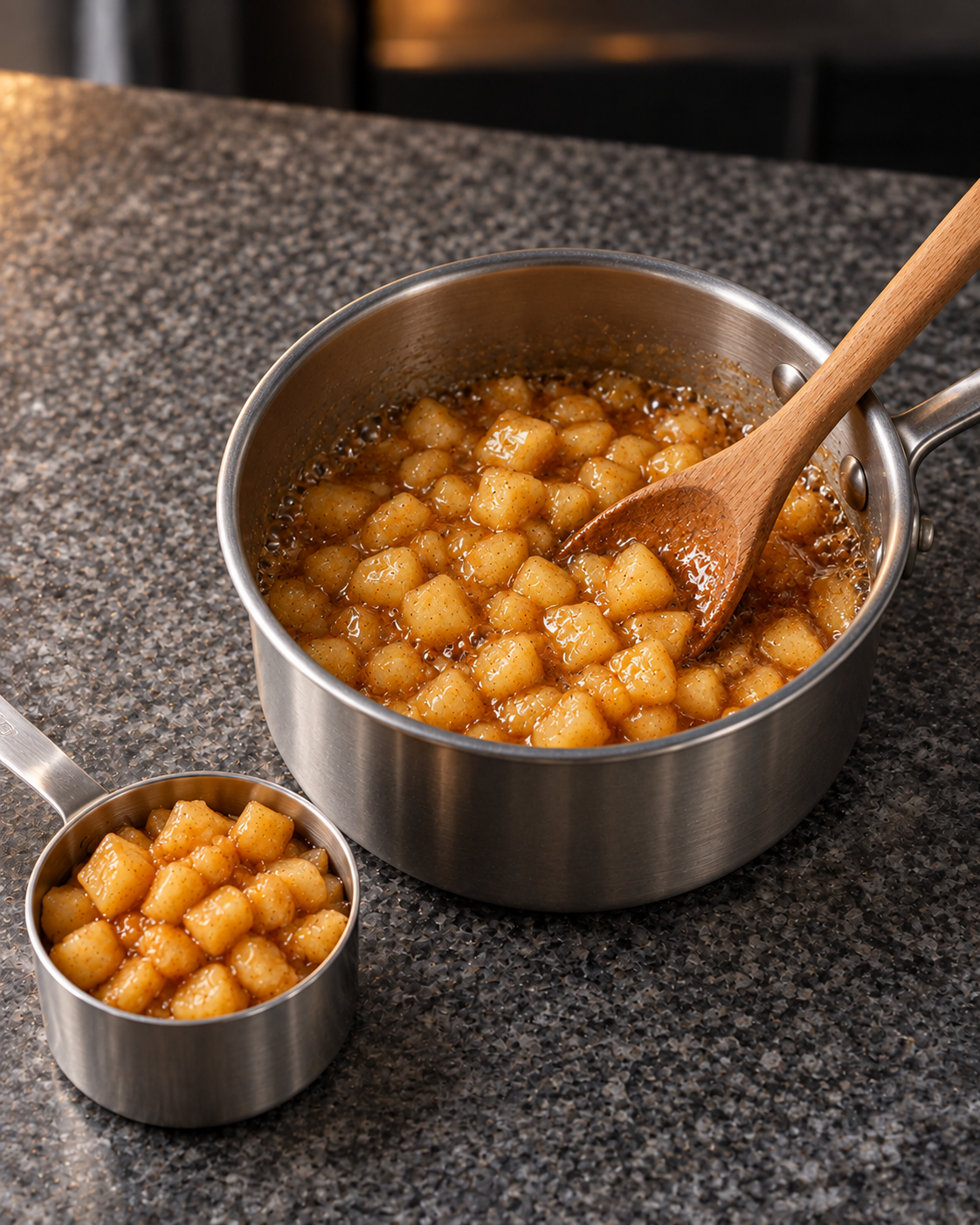 Diced apples simmering in pale amber caramel in a small saucepan
