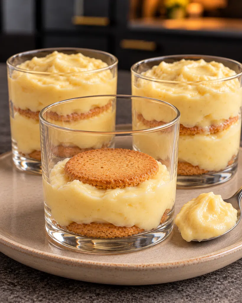 Sugar-free banana pudding being layered in short glass tumblers, with a golden vanilla wafer set on the first pudding layer