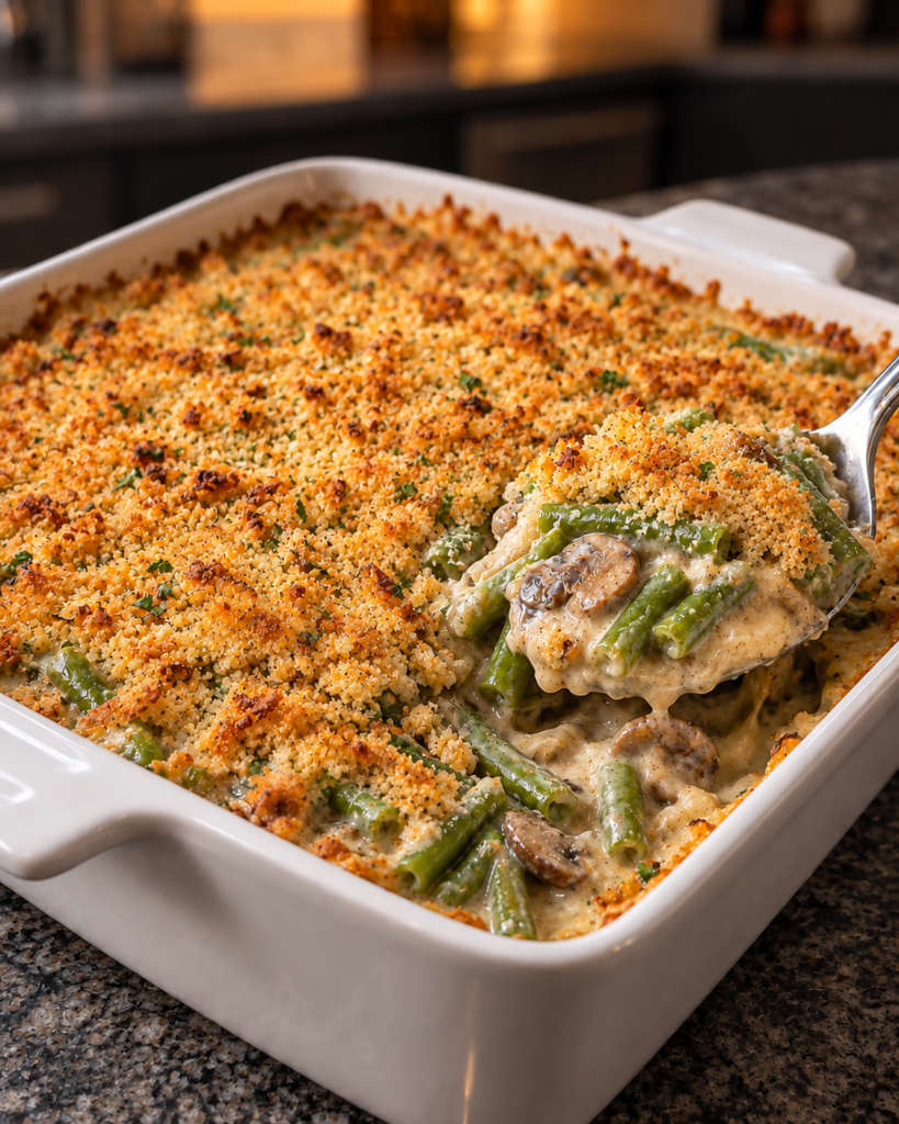 Baked no-added-sugar green bean casserole with a golden almond-Parmesan crumb top, bubbling at the edges