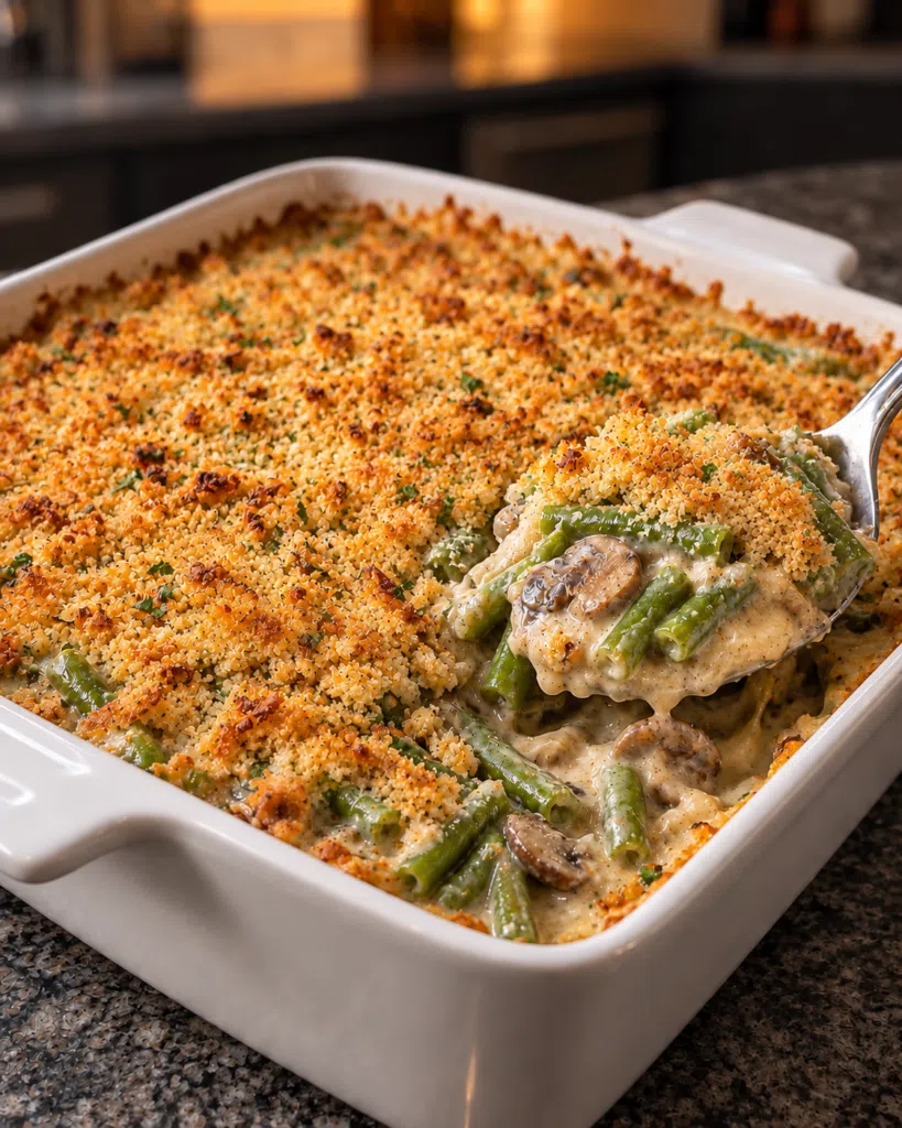 Baked no-added-sugar green bean casserole with a golden almond-Parmesan crumb top, bubbling at the edges