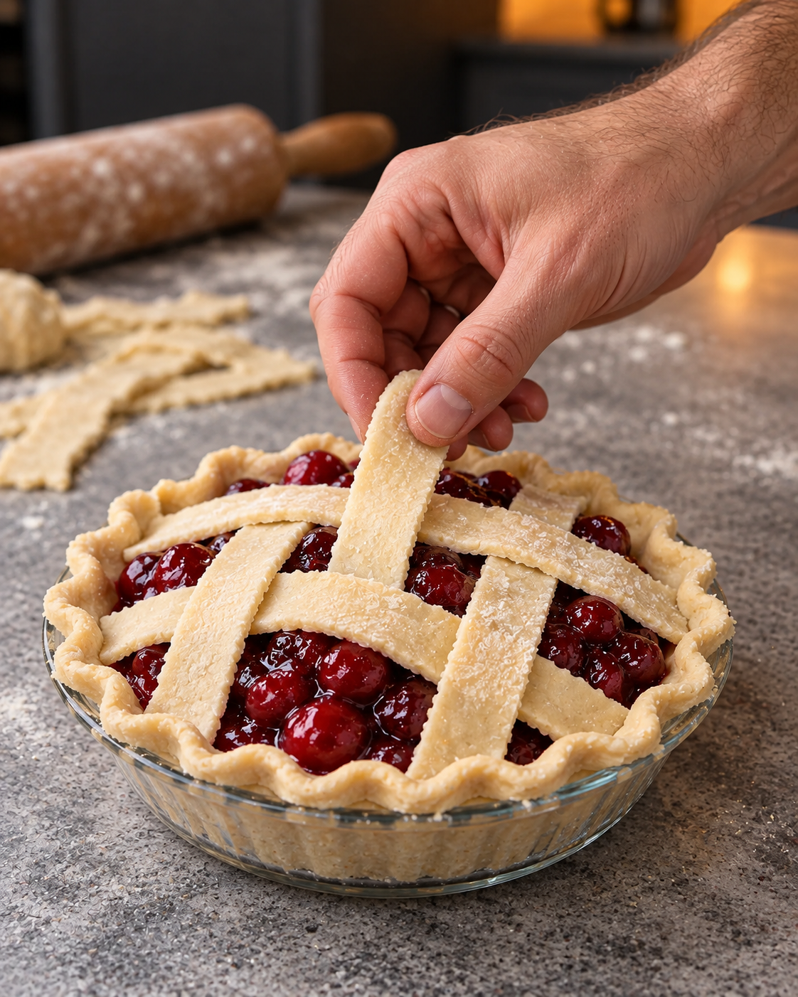 Raw lattice strips being laid across a small glass pie plate of cherry filling