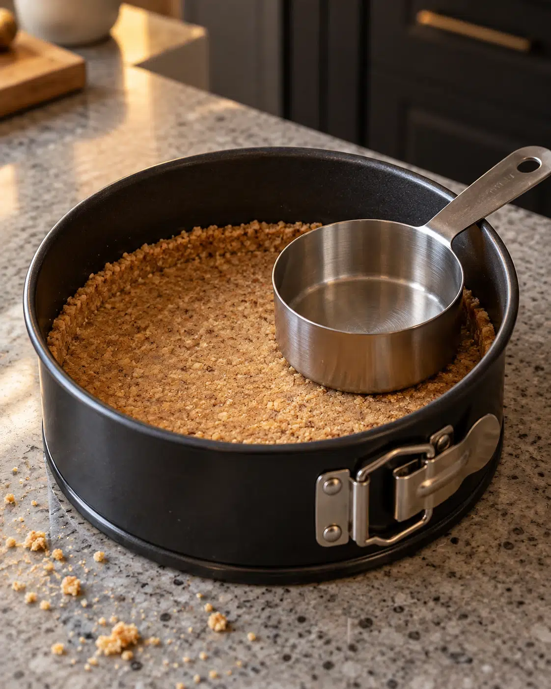 Very thin spiced crumb crust pressed flat in a black springform pan with a measuring cup