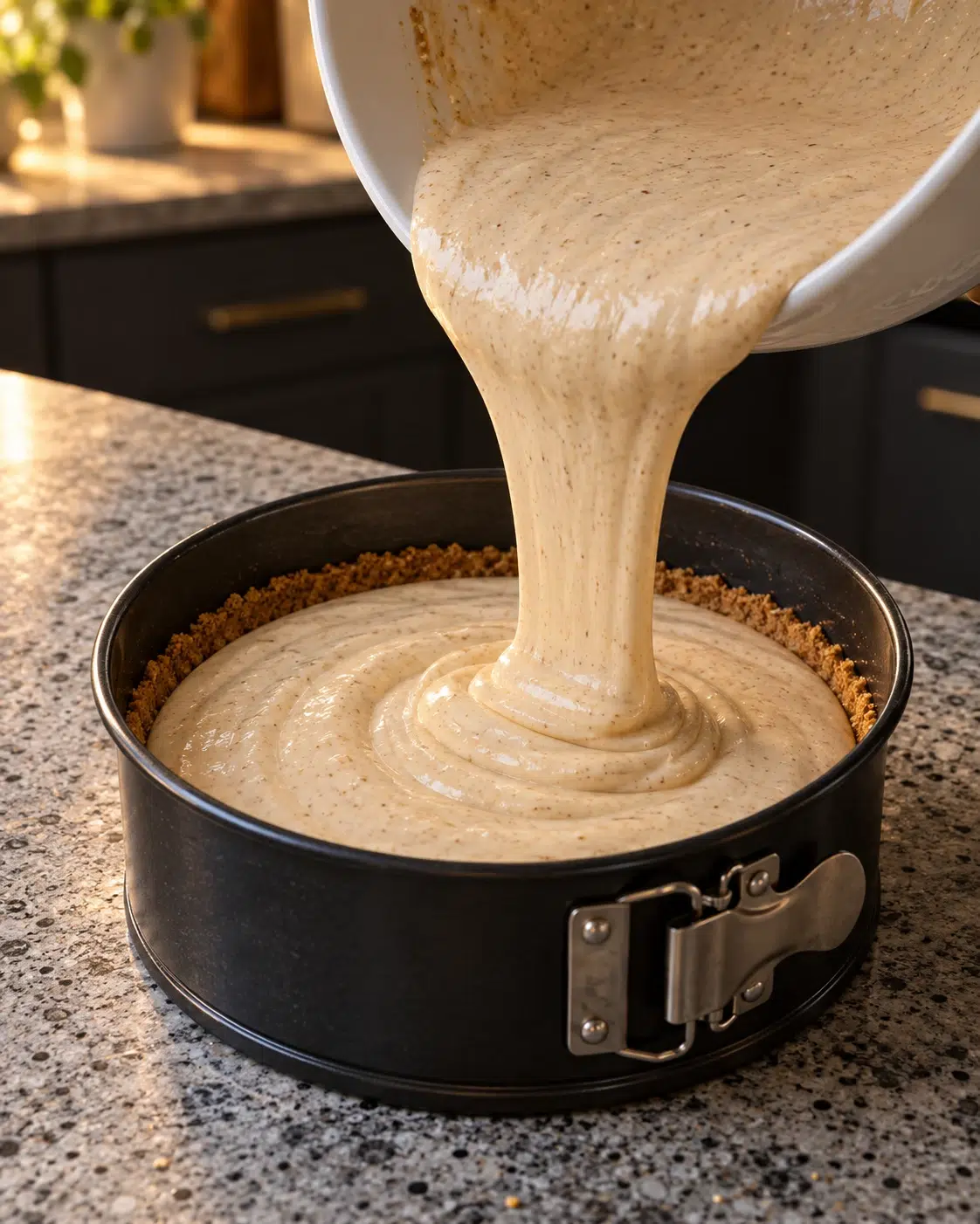 Pale speckled filling pouring from a white bowl into the sugar-free apple cider cheesecake pan