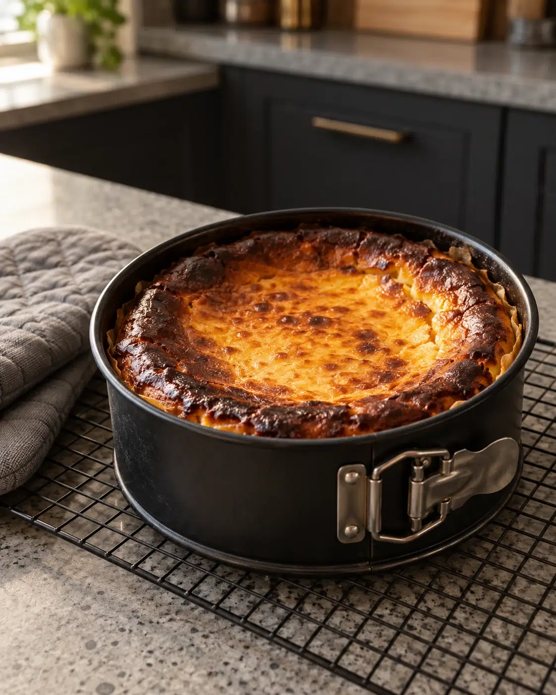 Deeply browned cheesecake top in the springform pan on a wire cooling rack