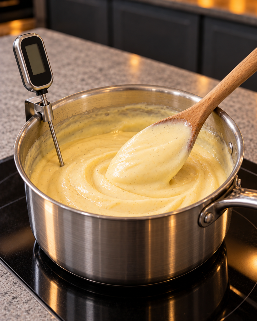 Vanilla custard thickening in a saucepan with a thermometer