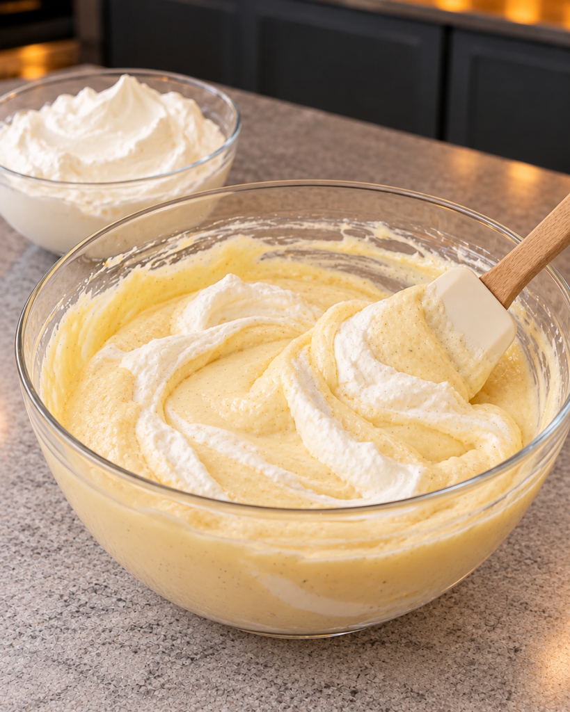 Whipped cream being folded into cooled vanilla custard