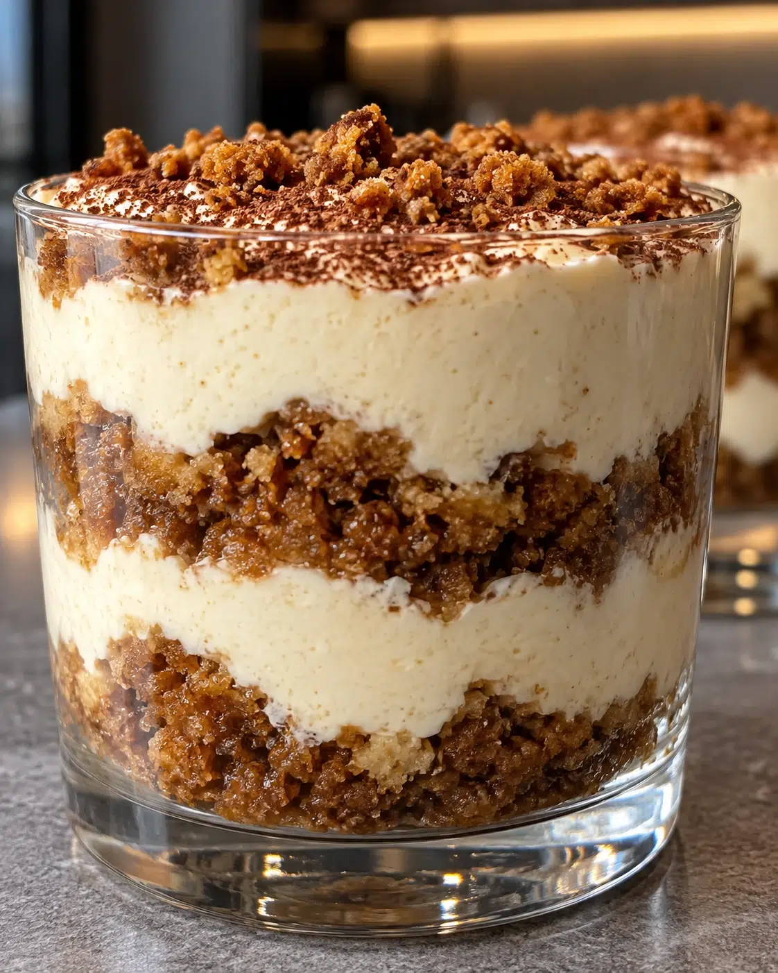 Sugar-free biscoff tiramisu in a clear glass with cocoa-dusted cream and crumb layers