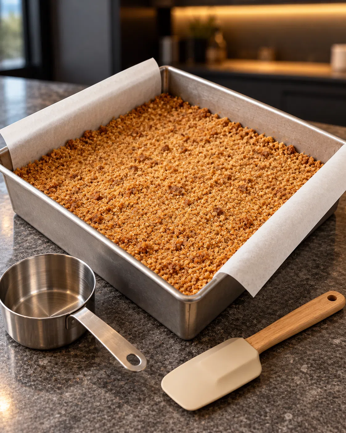 Baked spiced almond crumble in a parchment-lined 8-inch metal pan