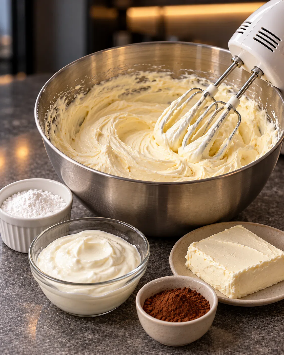 Tiramisu cream beaten in a stainless steel bowl with a hand mixer