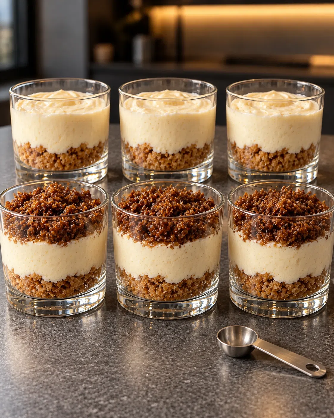Six layered dessert glasses with spiced crumble, coffee and tiramisu cream