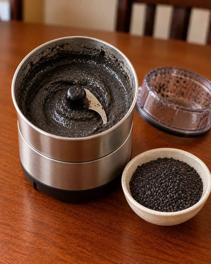 Black sesame seeds ground into a smooth paste in a spice grinder