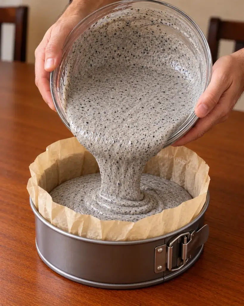 Gray black sesame cheesecake batter poured into a parchment-lined pan