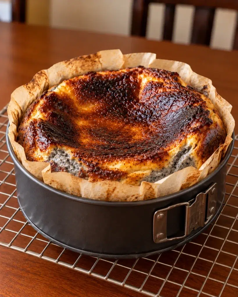 Whole black sesame Basque cheesecake with a burnt top in the pan