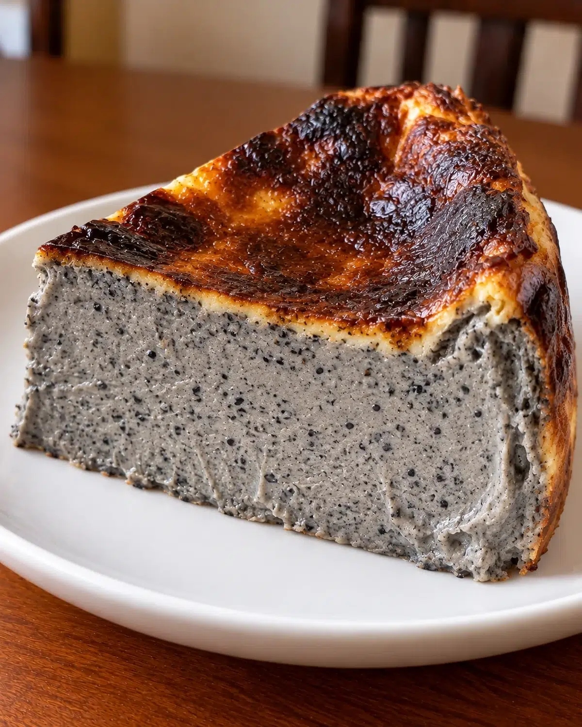 Slice of sugar-free black sesame Basque cheesecake with a gray speckled center and burnt top on a white plate
