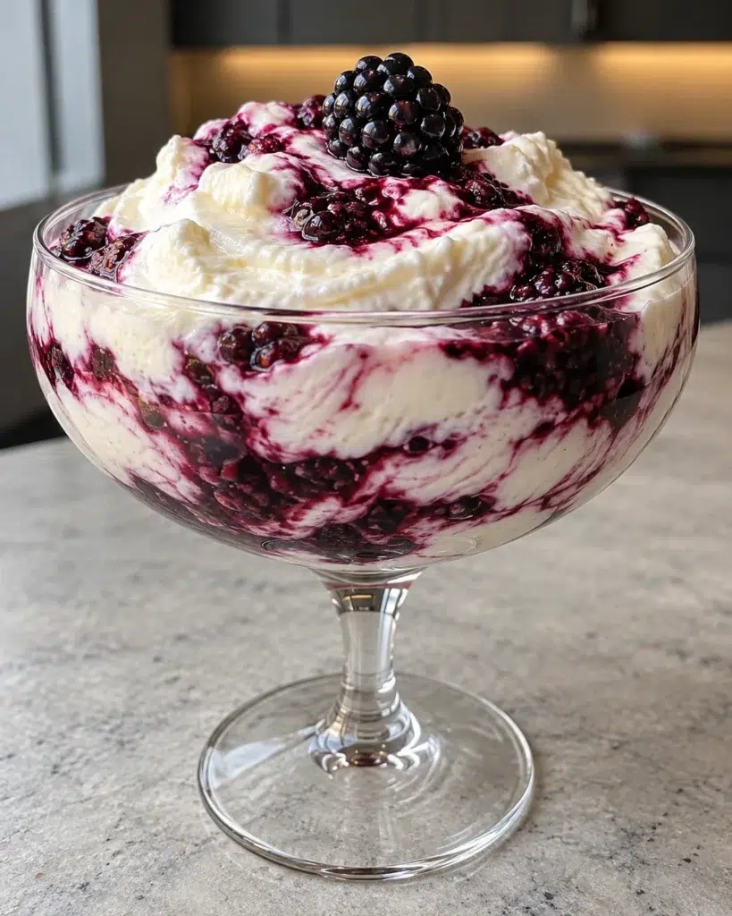 Sugar-free Irish blackberry fool with purple compote ribbons and a whole blackberry in a footed glass coupe