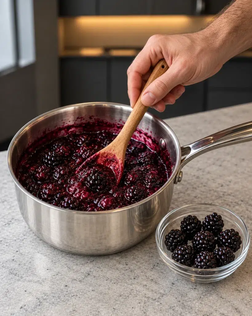 Thick blackberry compote simmering in a small saucepan