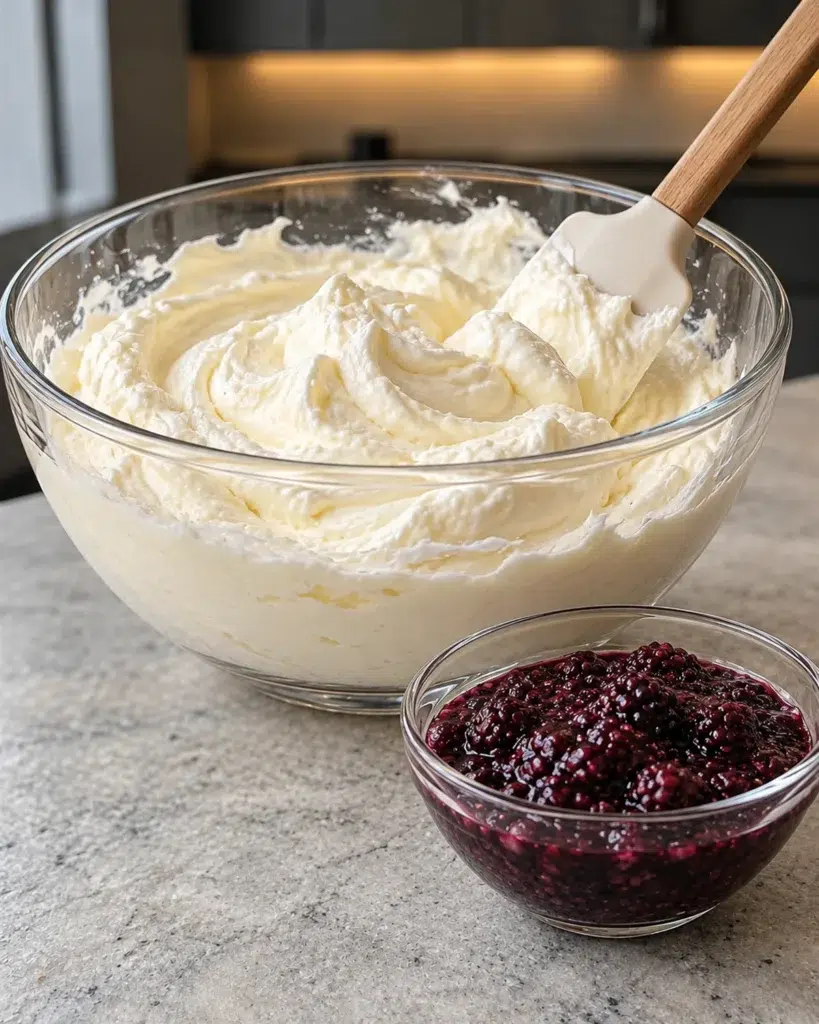 Greek yogurt being folded into whipped cream in a glass bowl
