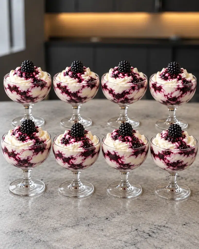 Eight coupes of sugar-free blackberry fool with purple swirls