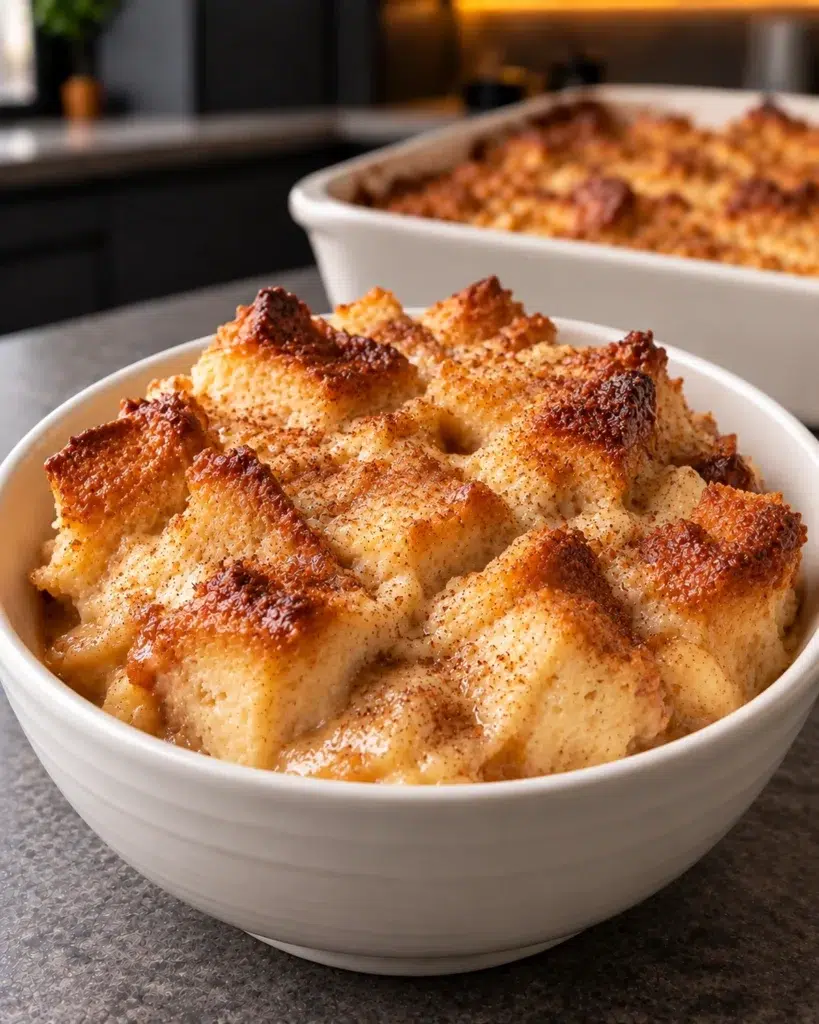 Sugar-free bread pudding served warm in a white bowl with the golden baking dish behind it