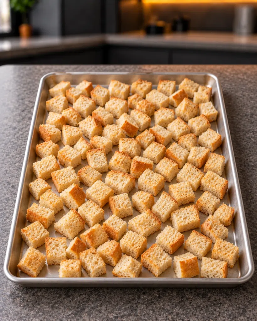 Lightly toasted bread cubes spread in a single layer on a metal baking sheet