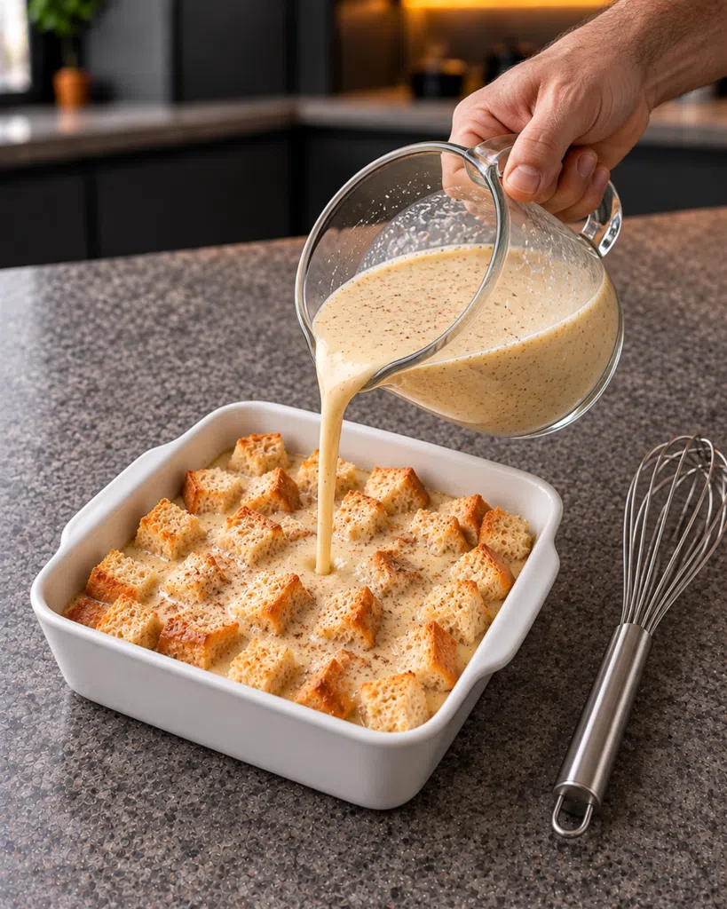 Cinnamon custard poured from a glass jug over bread cubes in a white square ceramic dish