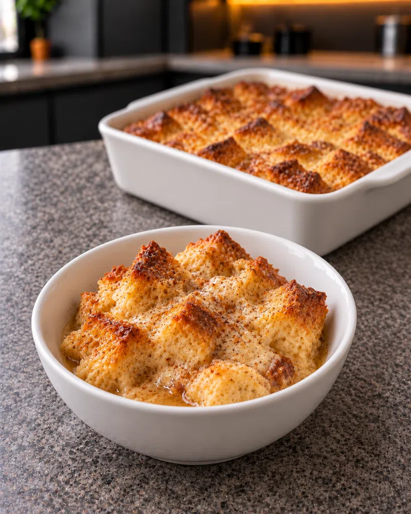 Sugar-free bread pudding in a small white bowl, golden baked dish in the background