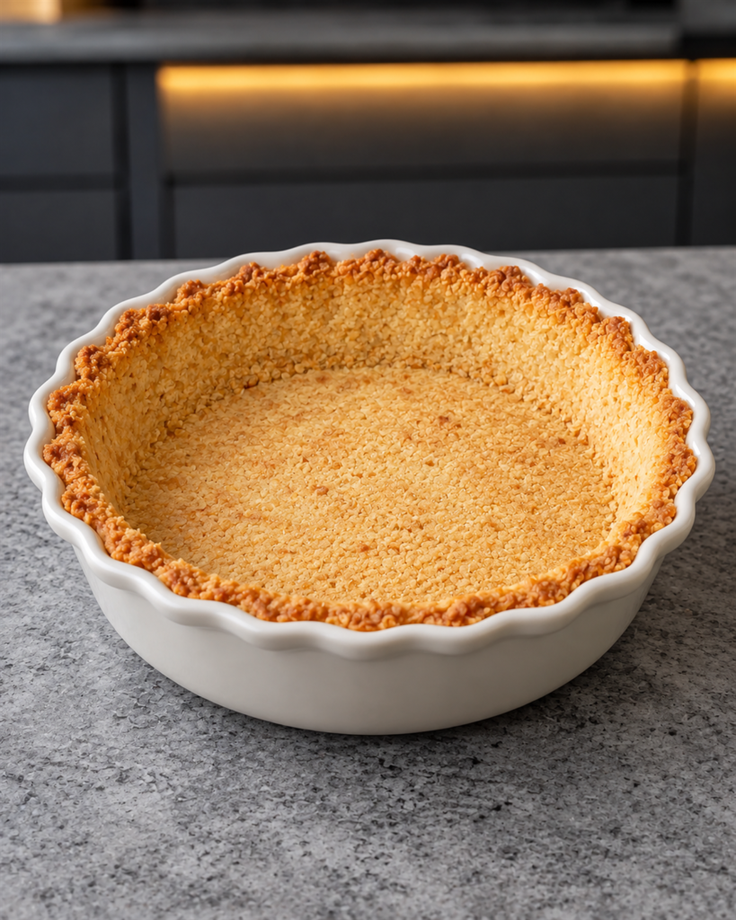 Empty golden almond crust pressed into a deep white pie plate