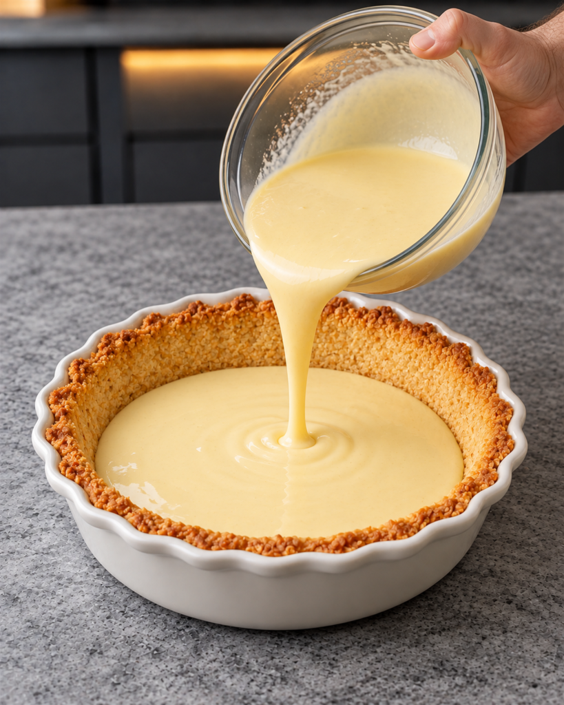 Pale buttermilk custard being poured into the pre-baked almond crust