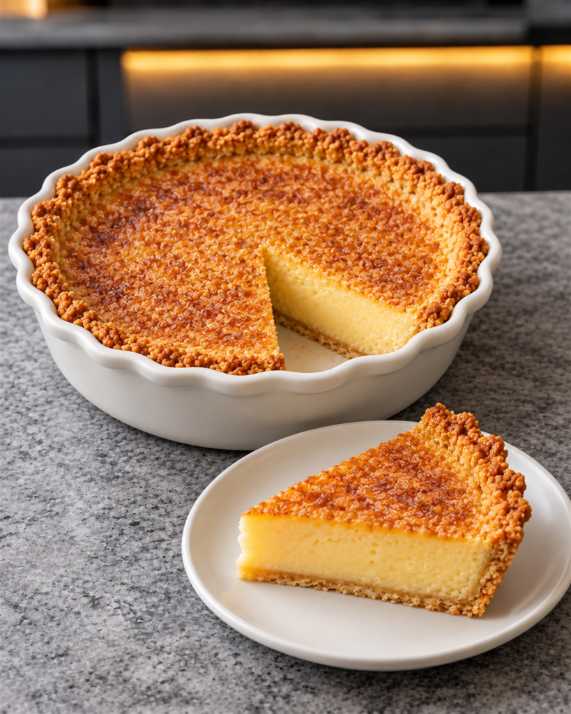 Sugar-free buttermilk chess pie with a slice cut and plated beside it