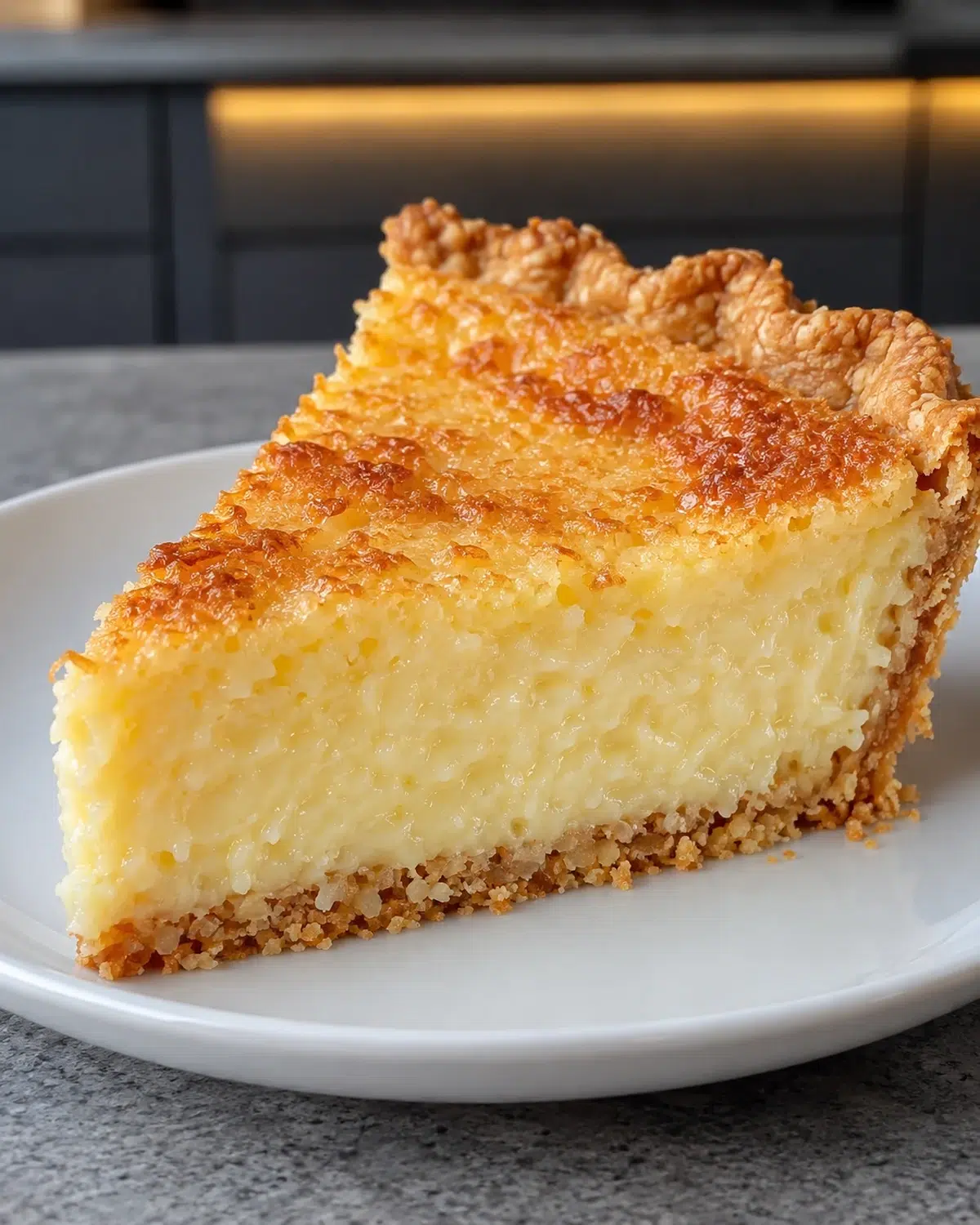 Sugar-free buttermilk chess pie slice with a golden caramelized top on a white plate