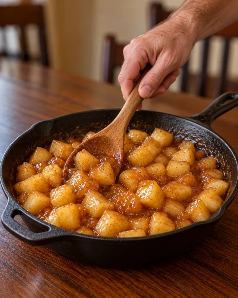 Cinnamon caramel apple cubes cooking in a skillet