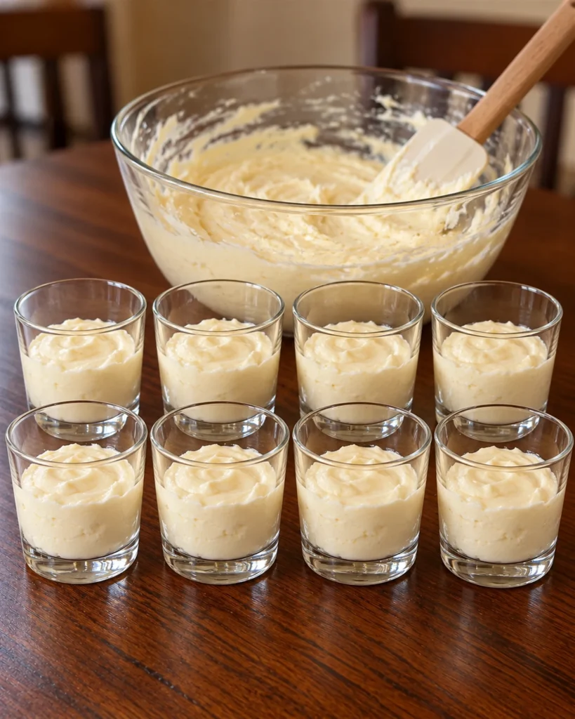 Eight cups filled with creamy vanilla cheesecake filling