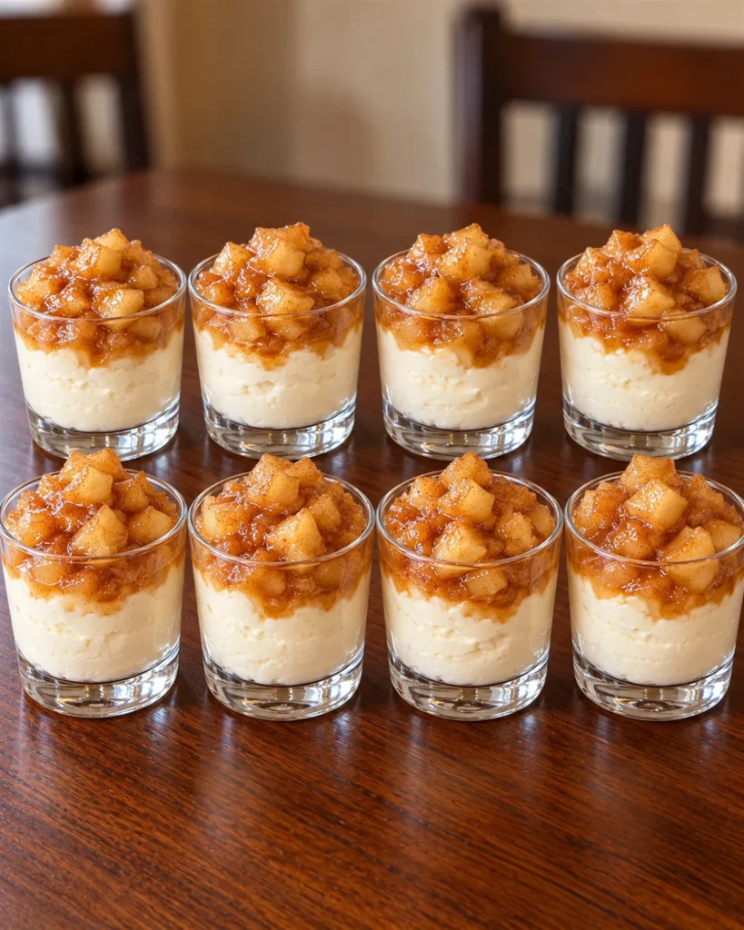 Eight caramel apple cheesecake cups topped with glossy apples