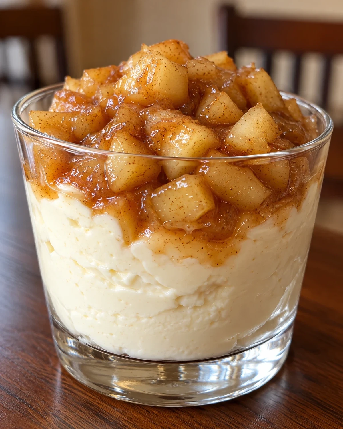 Sugar-free caramel apple cheesecake cup with creamy vanilla cheesecake and cinnamon caramel apples in a glass