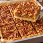 Square of sugar-free caramel pecan slab pie lifted from a pan of gooey pecan squares