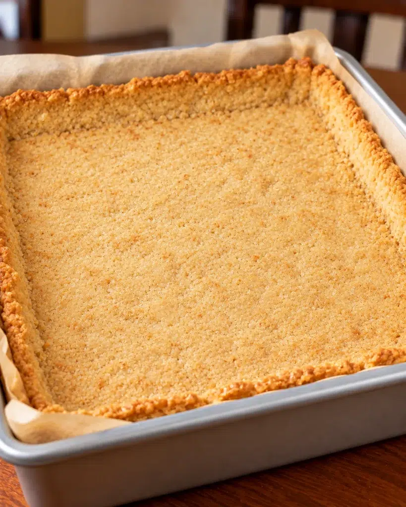 Thin almond flour crust baked in a square parchment-lined pan