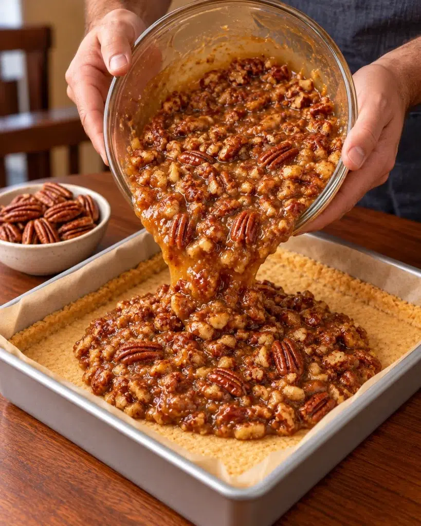 Caramel pecan filling poured over the crust