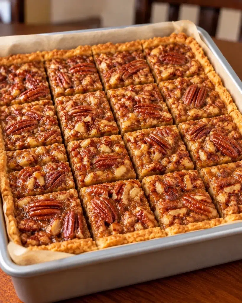 Caramel pecan slab pie cut into sixteen squares in the pan