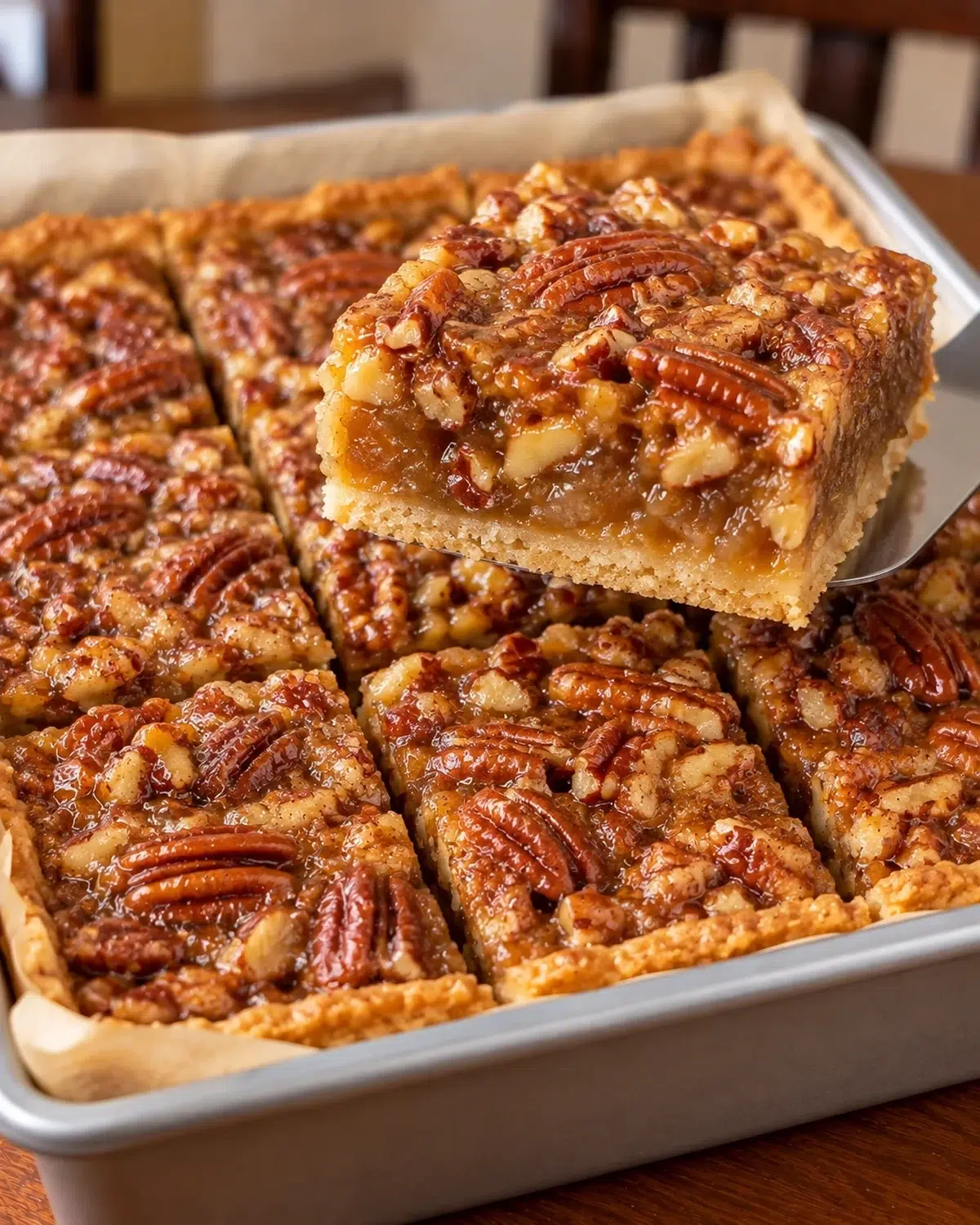 Square of sugar-free caramel pecan slab pie lifted from a pan of gooey pecan squares